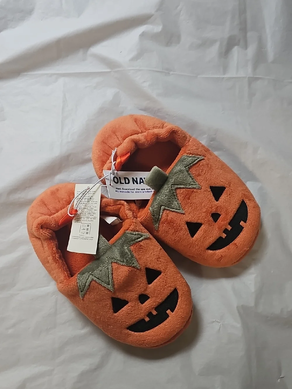 Old Navy Kid Medium 9/10 Orange PumpkinJack O'Lantern Plush Slip-On Slippers New